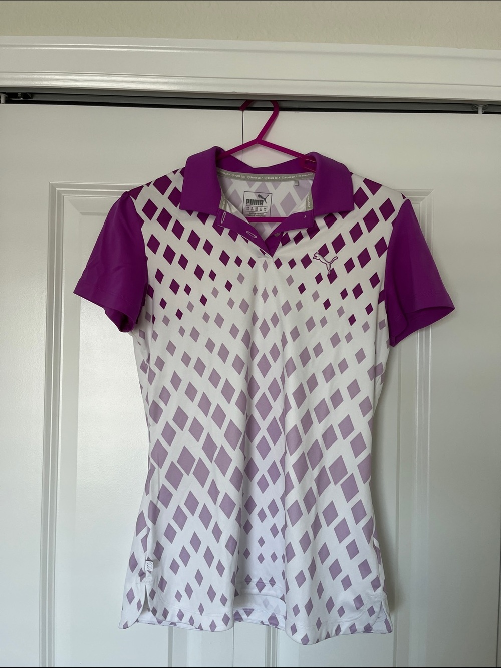 Puma White and Purple Diamond-Print Polo Shirt